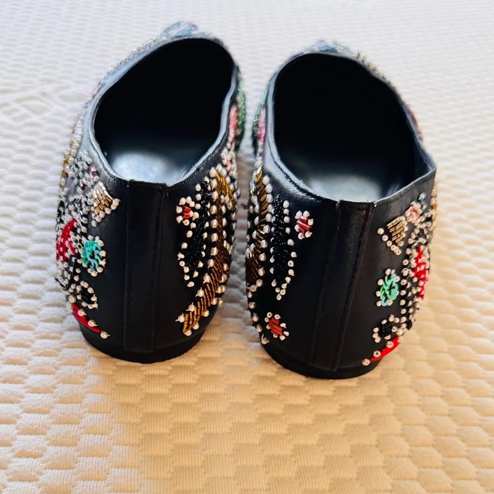 MICHAEL KORS MK Mila Party Colorful Beaded Black Leather Pointed Toe Flats